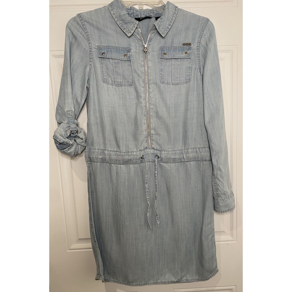 GUESS Girls Size 14 Denim Chambray Light Blue Dress Zipper Metal Snap Pockets